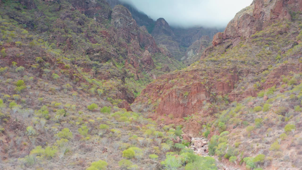 Rugged red and brown mountain ridges with sparse green vegetation.