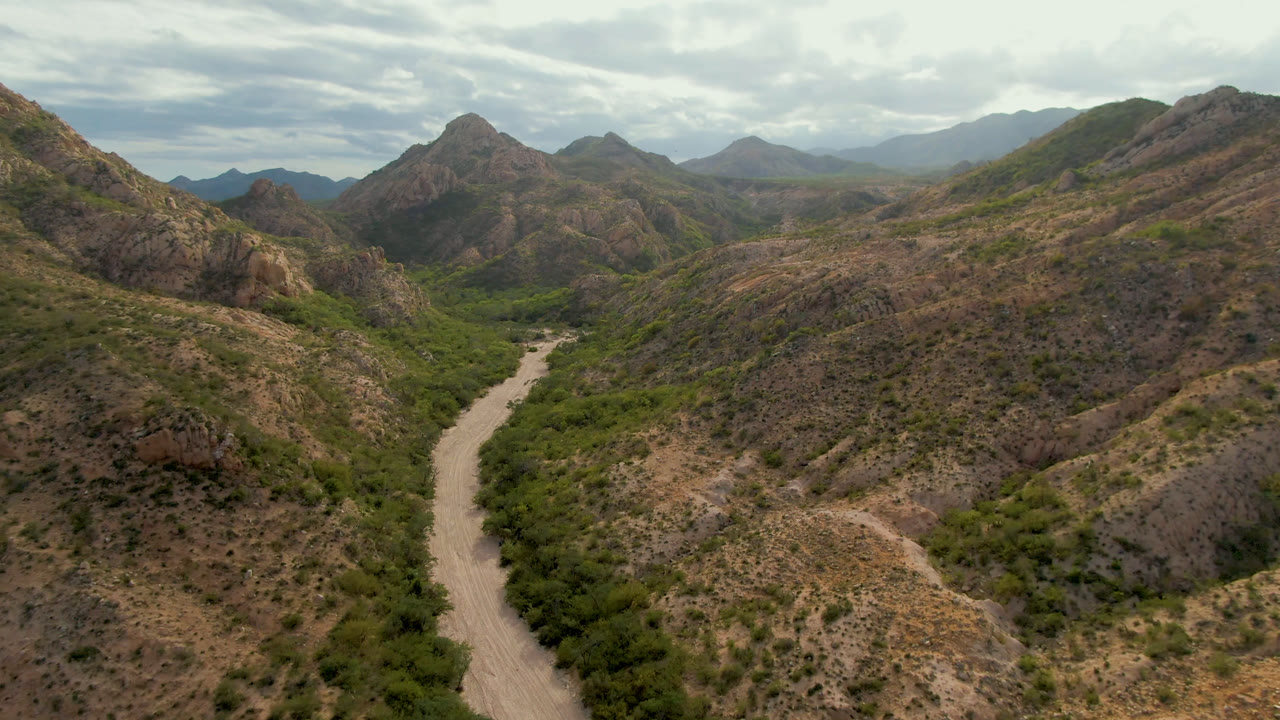 Aerial frame from Cabo Pulmo, Baja California Sur, showing a pale winding road or dry riverbed between green valley vegetation and tan rocky hills, with no visible people.