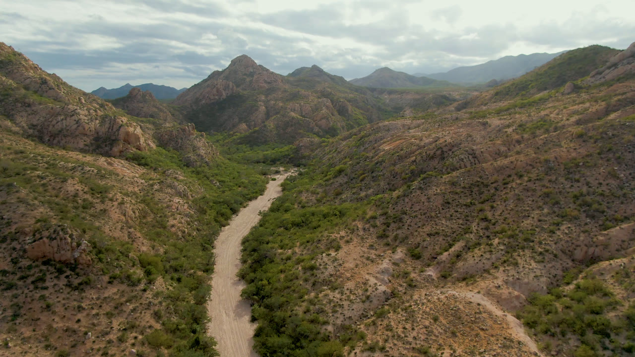 Desert valley with a winding pale road and mountain ridges in the distance.