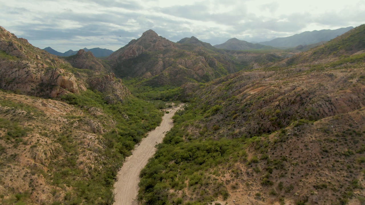 Wide aerial view in Cabo Pulmo, Baja California Sur, Mexico, with a pale dirt road entering from the lower left through dense green scrub, rocky hills, distant mountains, cloudy sky, and no visible people.