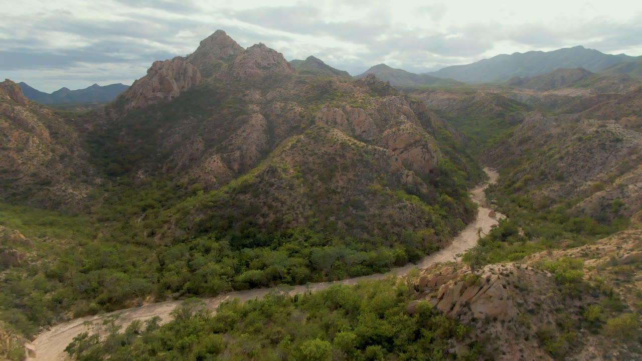 Aerial view in Cabo Pulmo, Baja California Sur, Mexico, with a pale dirt road bending through green valley vegetation below rugged brown mountains and no visible people.