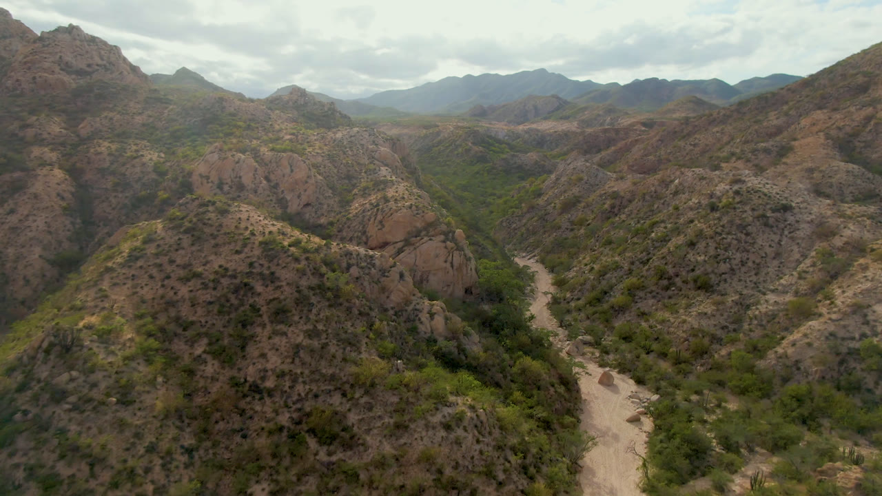 Aerial view in Cabo Pulmo, Baja California Sur, with a pale dirt road curving through a green valley between rocky desert hills and no visible people.