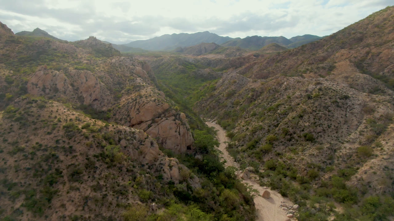 Desert valley with rocky slopes and a winding dirt road below.