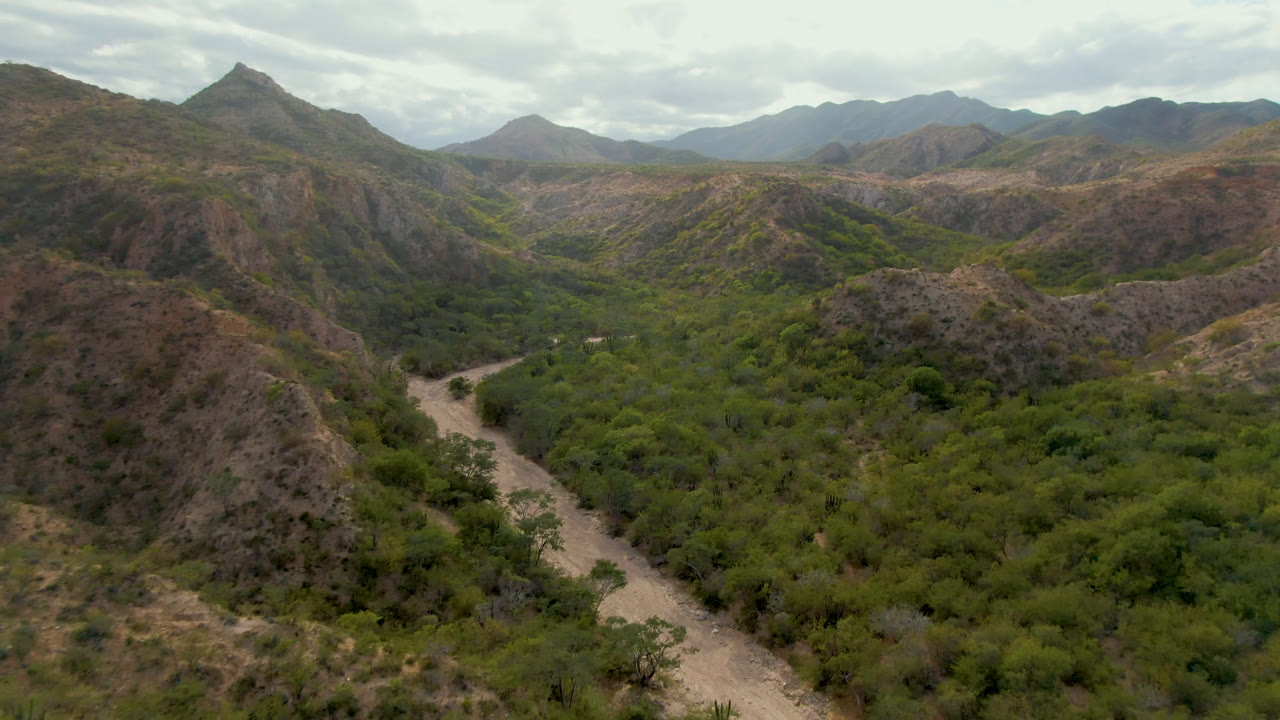Drone-height view over a winding dirt road and green valley framed by arid mountains.