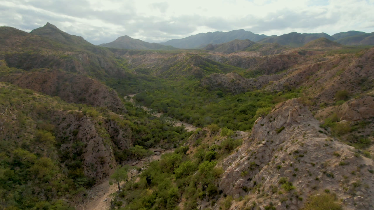 A wide aerial view in Cabo Pulmo, Baja California Sur, looks across brown ridges toward a green valley corridor, layered mountains, cloud cover, and no visible people.
