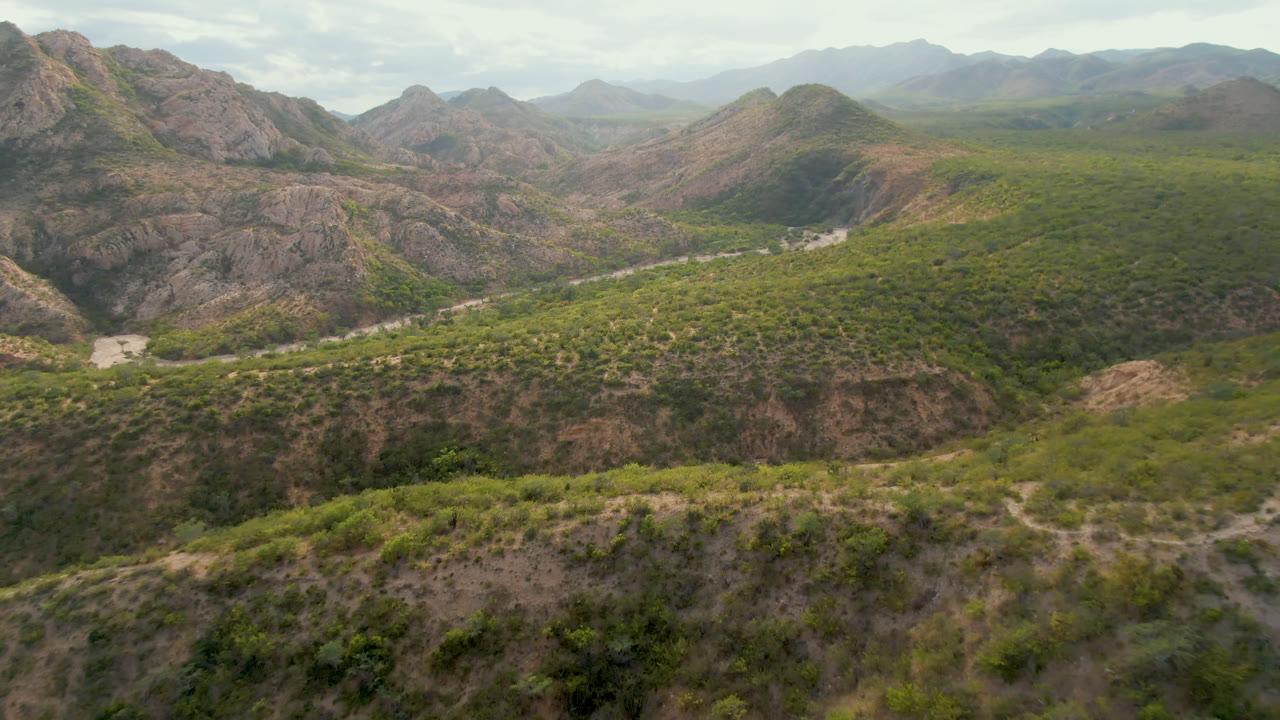 Cabo Pulmo aerial view with a pale winding road or dry wash cutting through a green valley below rugged brown mountains, with no visible people.