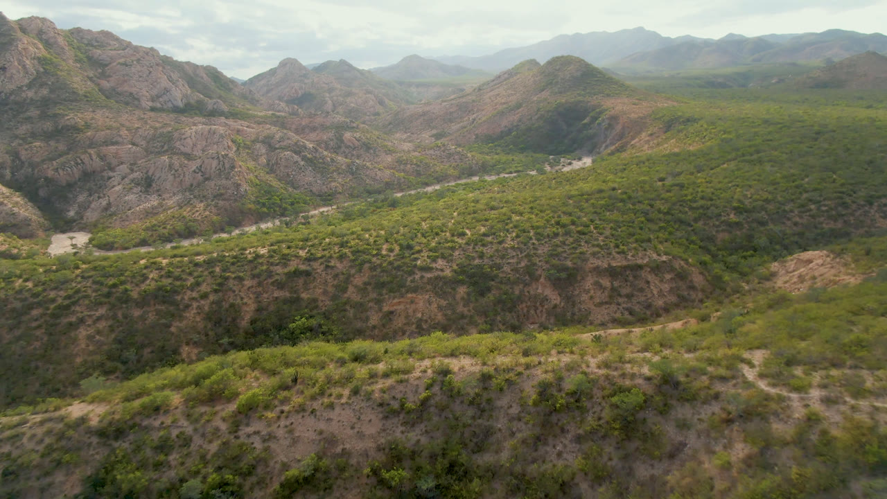 Wide aerial landscape of arid mountains and green valley