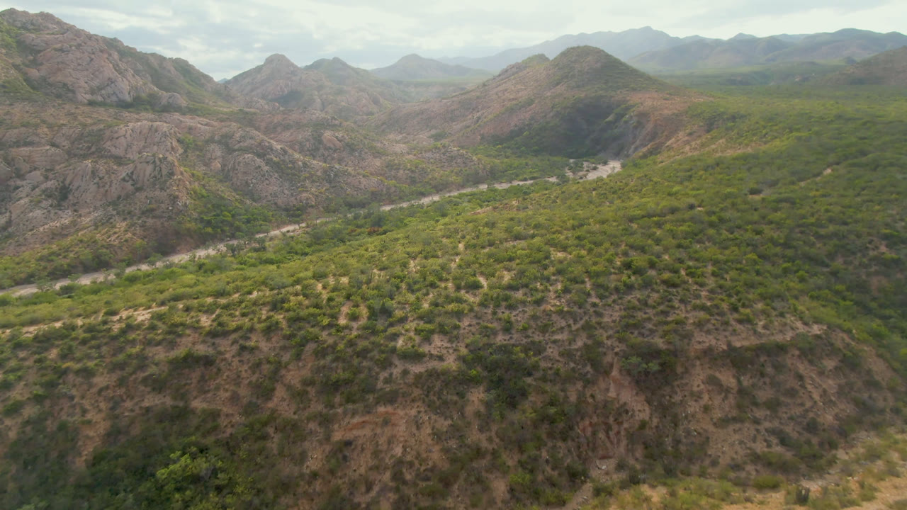 Wide aerial landscape of arid mountains, green scrub, and a winding pale route through the valley.