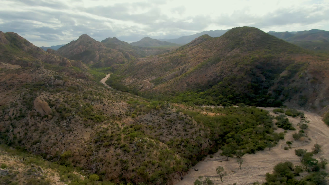 Aerial view over Cabo Pulmo, Baja California Sur, showing a pale dirt road curving through a rocky green-brown valley under cloudy daylight, with no visible people.