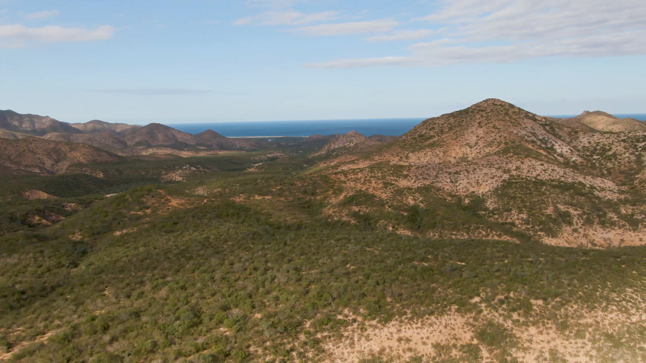Aerial view of arid hills and distant blue water under scattered clouds.