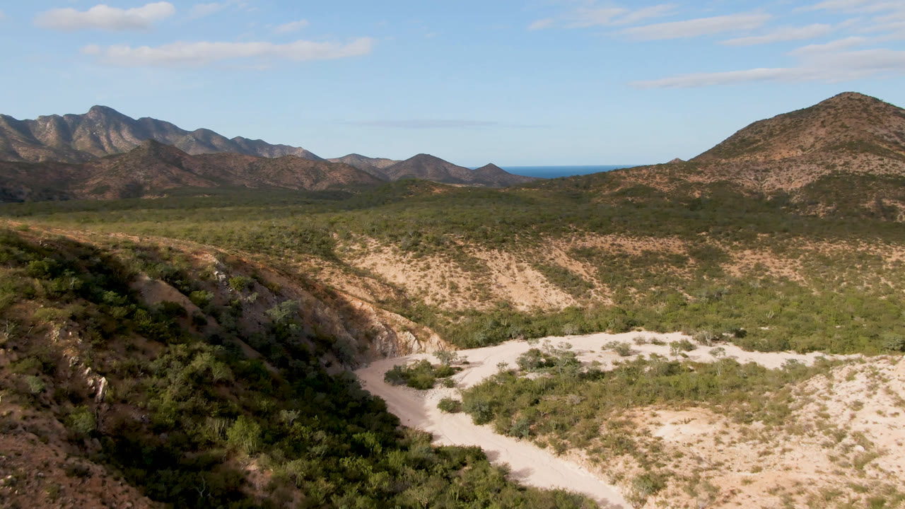 Desert valley with a pale dirt road and distant mountains.