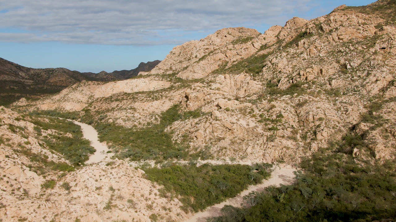 Wide rocky mountain landscape with desert vegetation and a winding pale route.