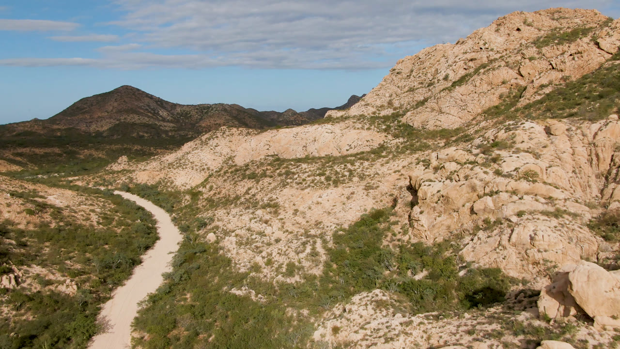 Dirt road curving through rocky desert mountains under blue sky