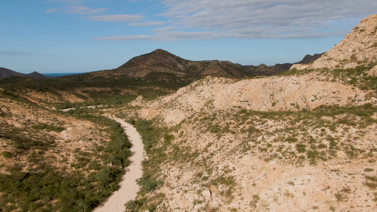 Desert valley road below rugged hills and a broad blue sky.