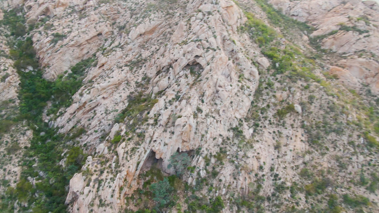 Aerial frame in Cabo Pulmo, Baja California Sur, Mexico, showing a steep gray and tan rock face beside dense green brush with no visible people.