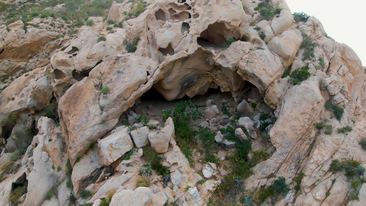 Eroded tan rock face with cave openings and desert shrubs.