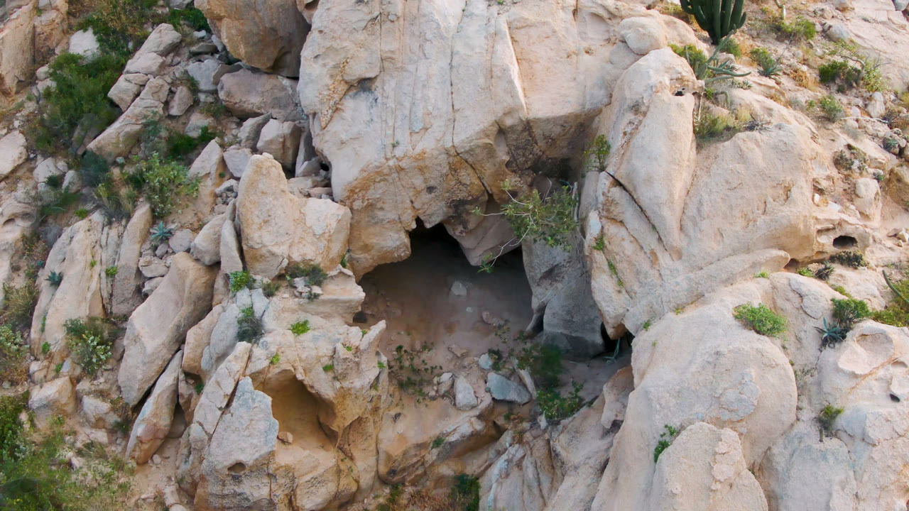 Opening frame of a small cave in pale Cabo Pulmo rock, surrounded by scrub plants and dry grasses with no visible people.