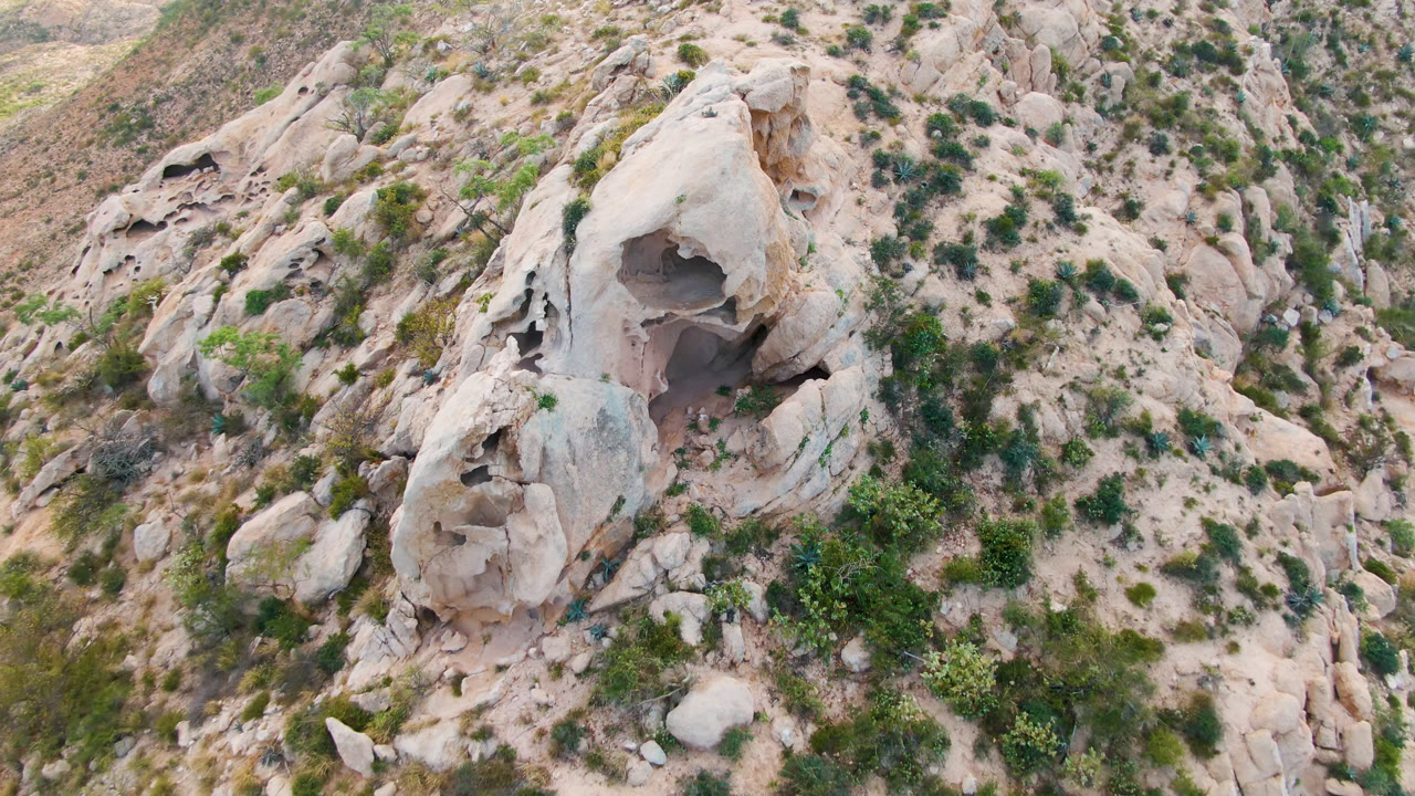 Top-down view of cave rock and desert shrubs on a rugged slope
