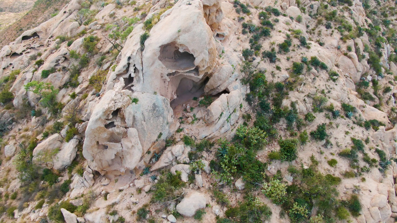 Aerial frame from Cabo Pulmo, Baja California Sur, with the cave opening centered higher in the rock face, eroded stone ledges below, scrub vegetation, and no visible people.