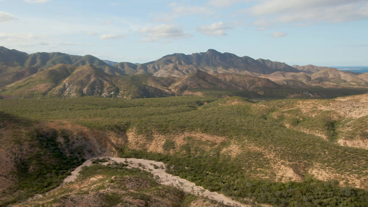 Opening aerial frame over Cabo Pulmo, Baja California Sur, with a pale winding dirt road in the foreground, green valley vegetation, dry mountain ridges in back, and no visible people.