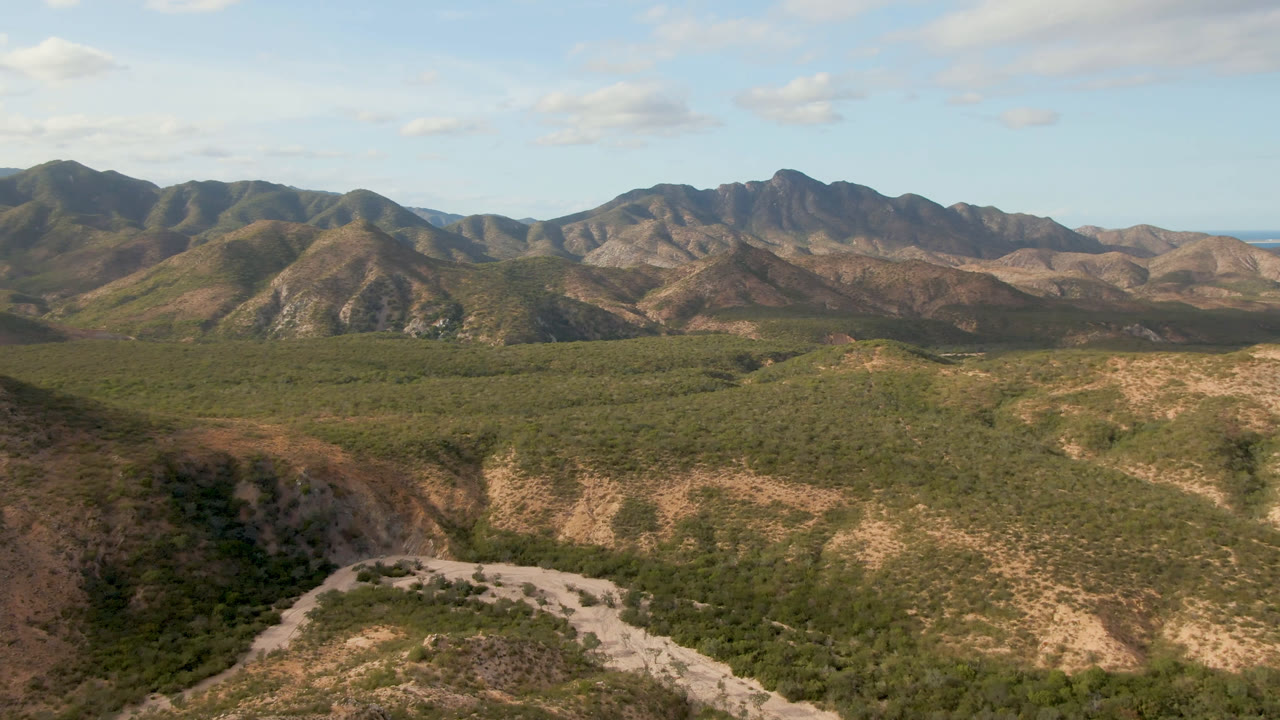 Wide aerial view of rugged mountains above a green arid valley