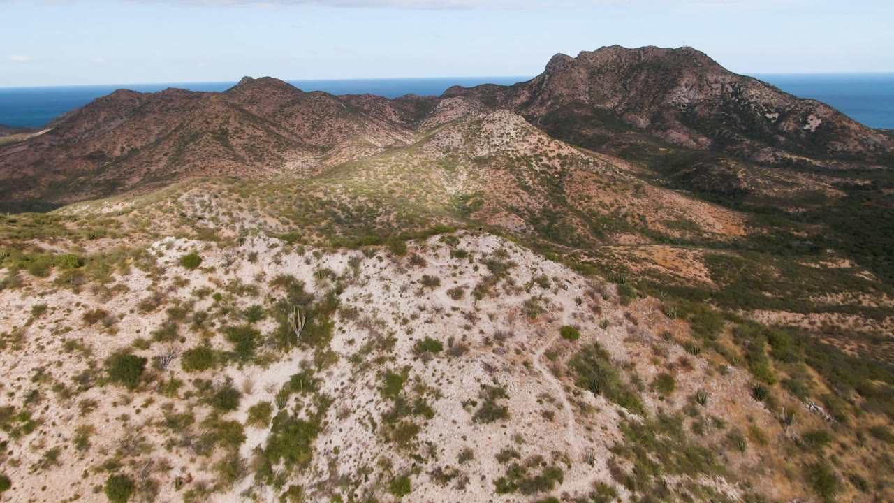 Aerial landscape of arid ridges, sparse vegetation, ocean, and clear sky.