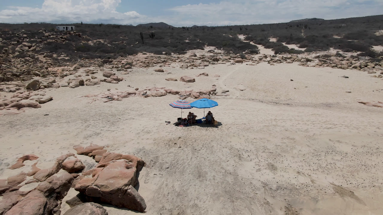 Wide elevated view of two people under beach umbrellas on a sandy rocky beach.