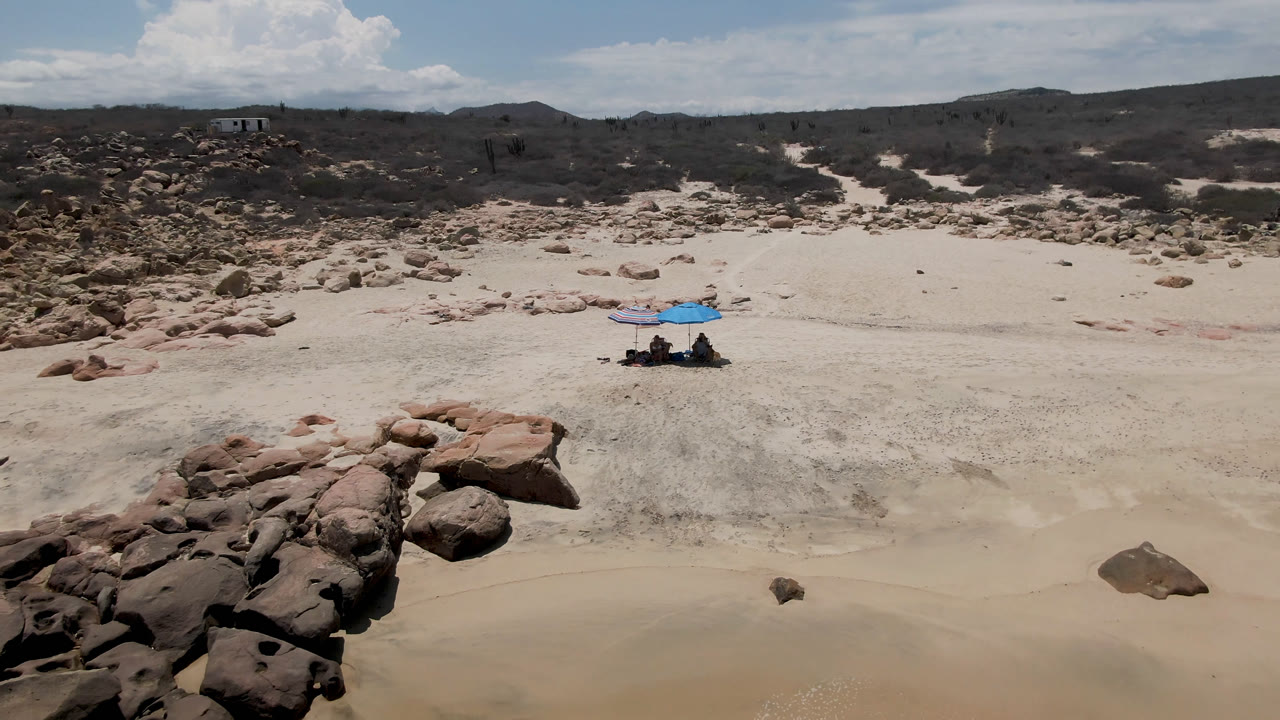 At 0:01, the San Jose Del Cabo beach view holds on pale sand, a cluster of rounded rocks in the foreground, a blue umbrella in the midground, scrubland beyond, and no recognizable people.