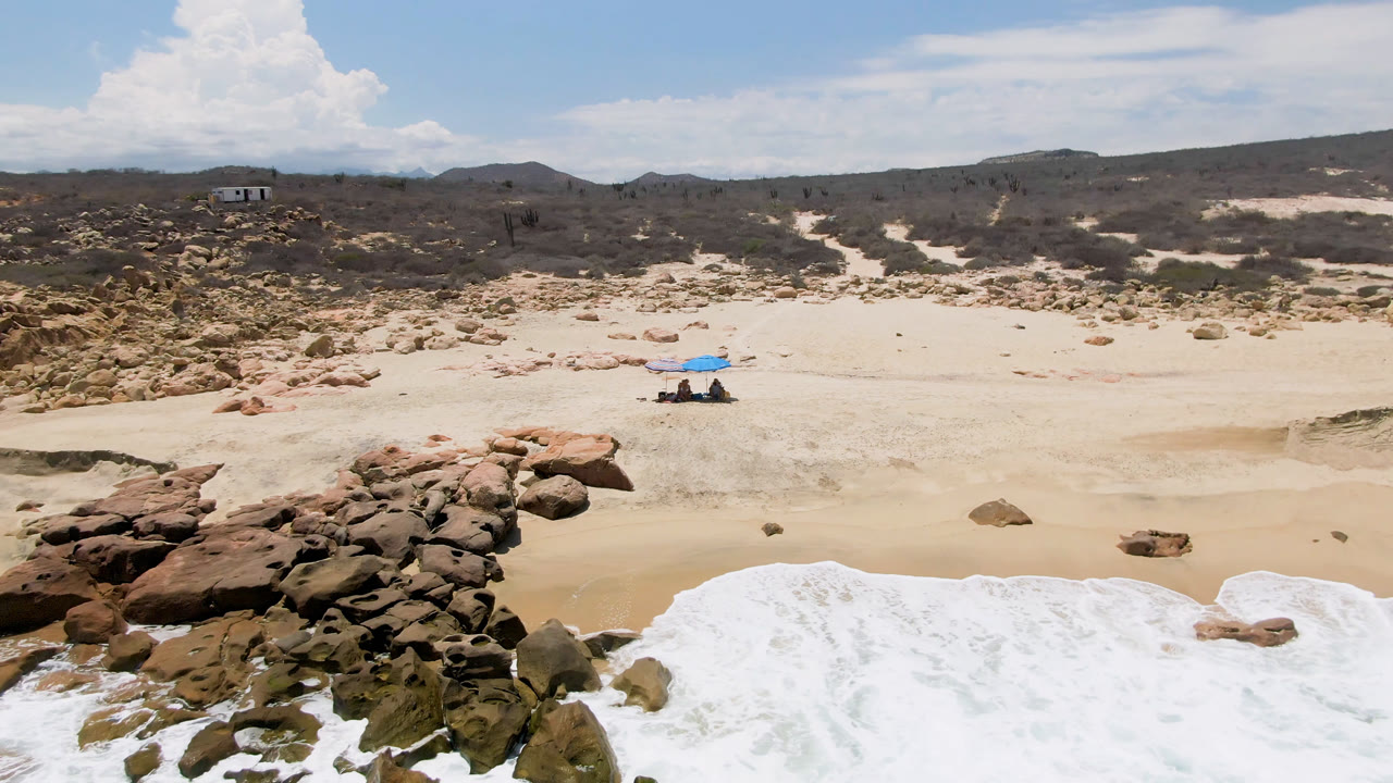 Aerial frame from La Laguna Beach near San Jose Del Cabo, Mexico, showing a blue umbrella with seated people on pale sand, foamy surf below, and dry hills behind.