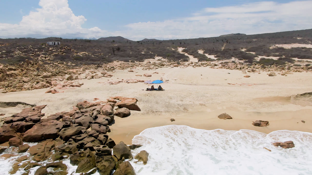 At 0:01, the La Laguna Beach view holds on the umbrella and seated people, with reddish rocks crossing the lower frame and a light wave line reaching the sand.