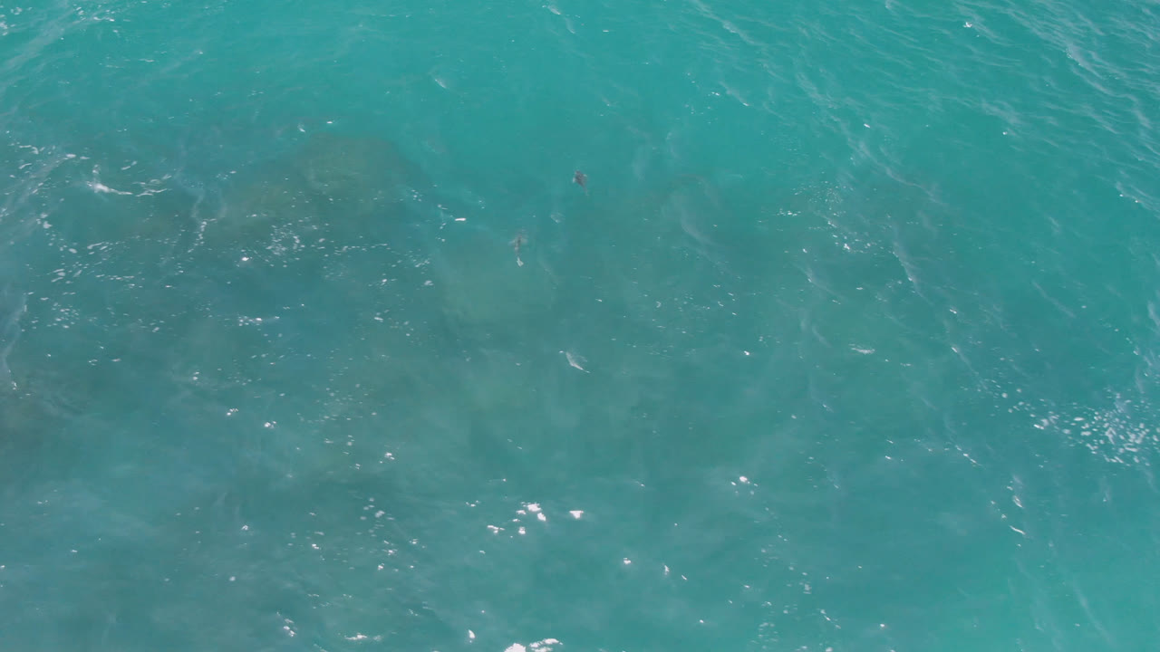 Overhead turquoise ocean water with faint submerged rocks and small wave highlights.