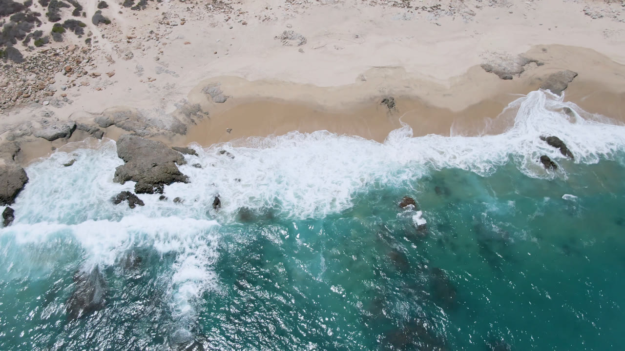 Top-down beach view with wave foam and dark rocks