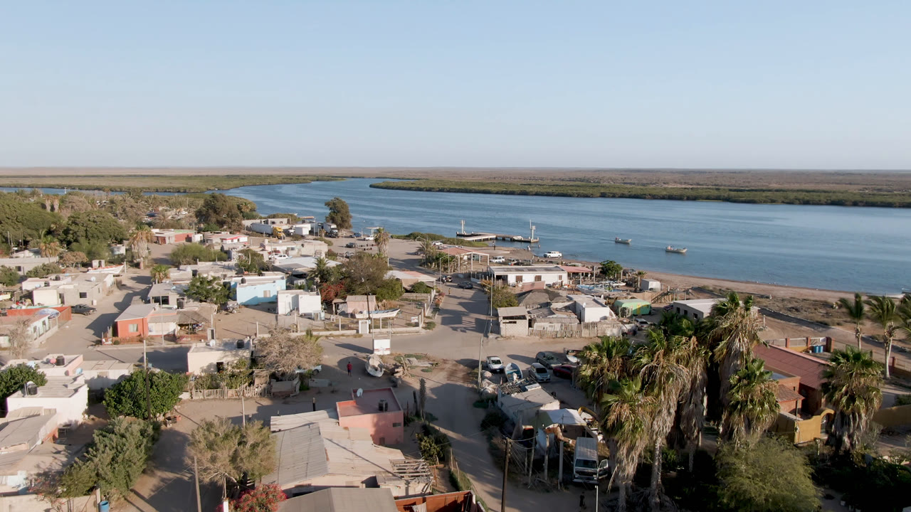 Drone view over low houses and palms toward a blue river and flat horizon.