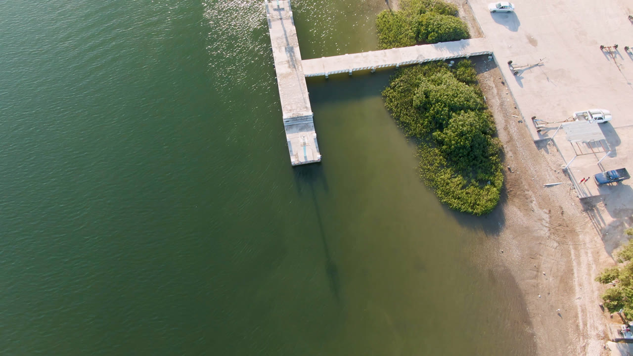 Aerial frame from Aldofo Lopez Mateos, Baja California Sur, Mexico, with the dock crossing the upper frame, green water filling the left side, shoreline shrubs to the right, and no visible people.