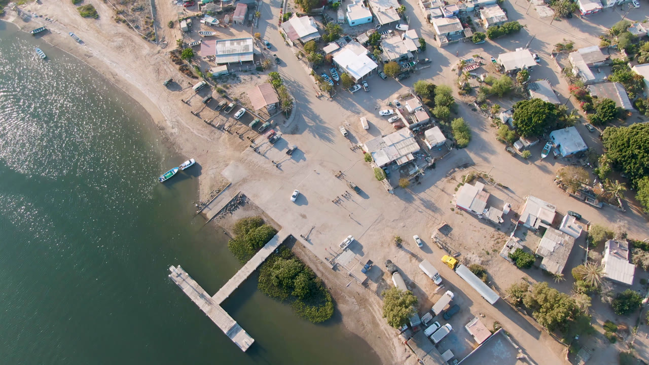 Aerial view of a sandy shoreline, dock, boat, roads, buildings, and green water.