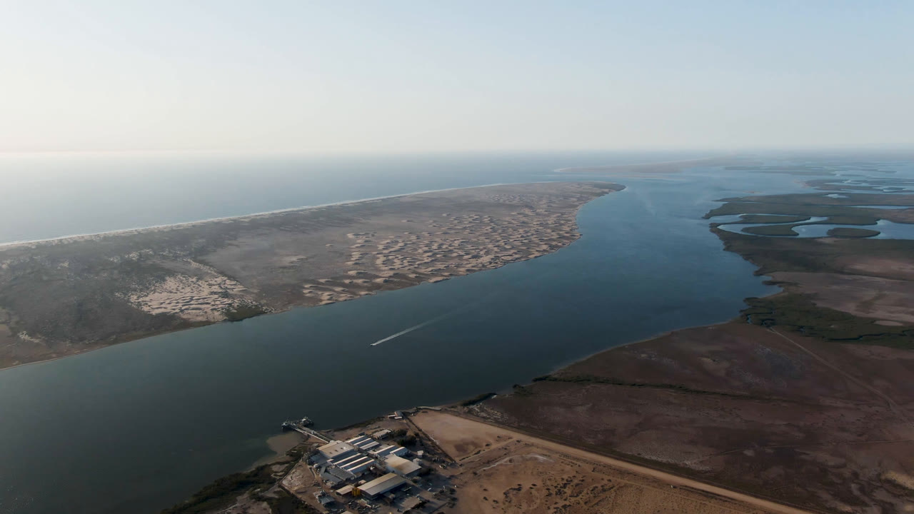 Second frame shows the Aldofo Lopez Mateos coastal channel from above, with a white wake crossing the water, pale surf on the outer beach, and no visible people.