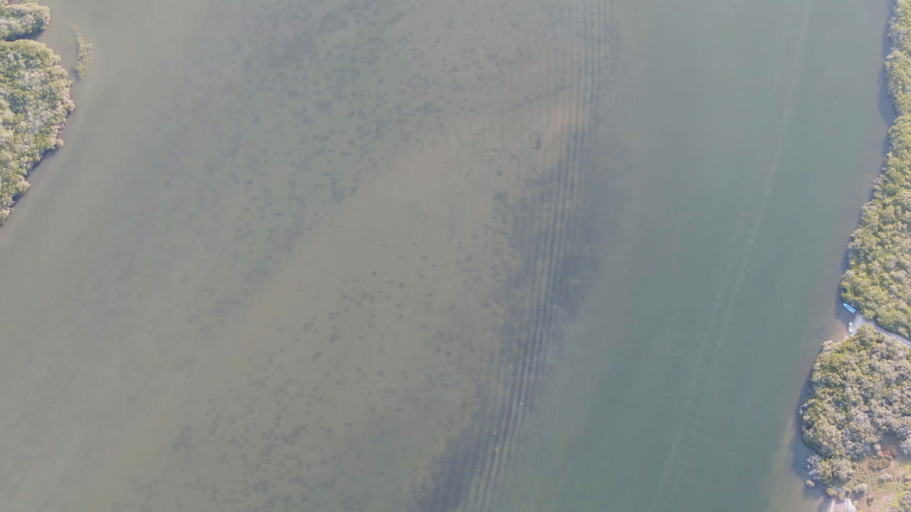 Overhead view in Aldofo Lopez Mateos, Baja California Sur, showing pale water, dark submerged streaks, and the edge of a green island with no visible people.
