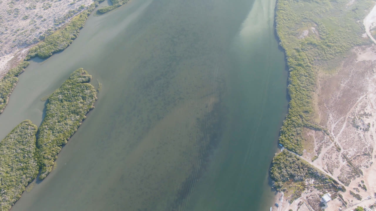 Overhead view in Aldofo Lopez Mateos, Baja California Sur, Mexico, showing green-blue water channels, sandy shoreline, and low green vegetation with no visible people.