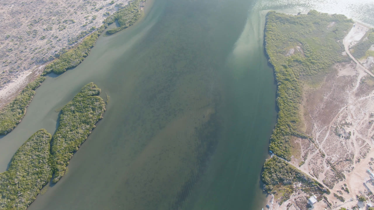 Aerial frame over Aldofo Lopez Mateos showing a broad green-blue channel, pale sand flats, shoreline brush, and faint dirt tracks with no visible people.