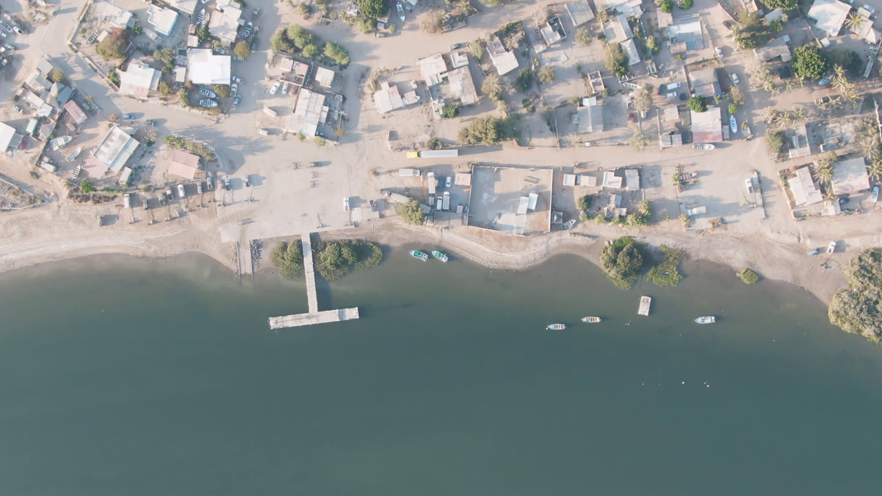 Overhead frame of Aldofo Lopez Mateos showing green-blue water, a sandy shoreline, two dock structures, small boats, dirt roads, low buildings, trees, and no visible people.