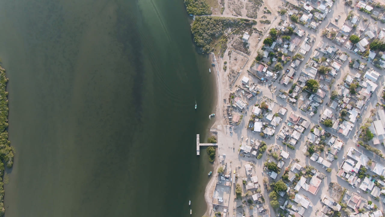 Aldofo Lopez Mateos appears from above with a wide band of green water, a short pier at the shore, compact buildings, pale roads, trees, and no visible people.
