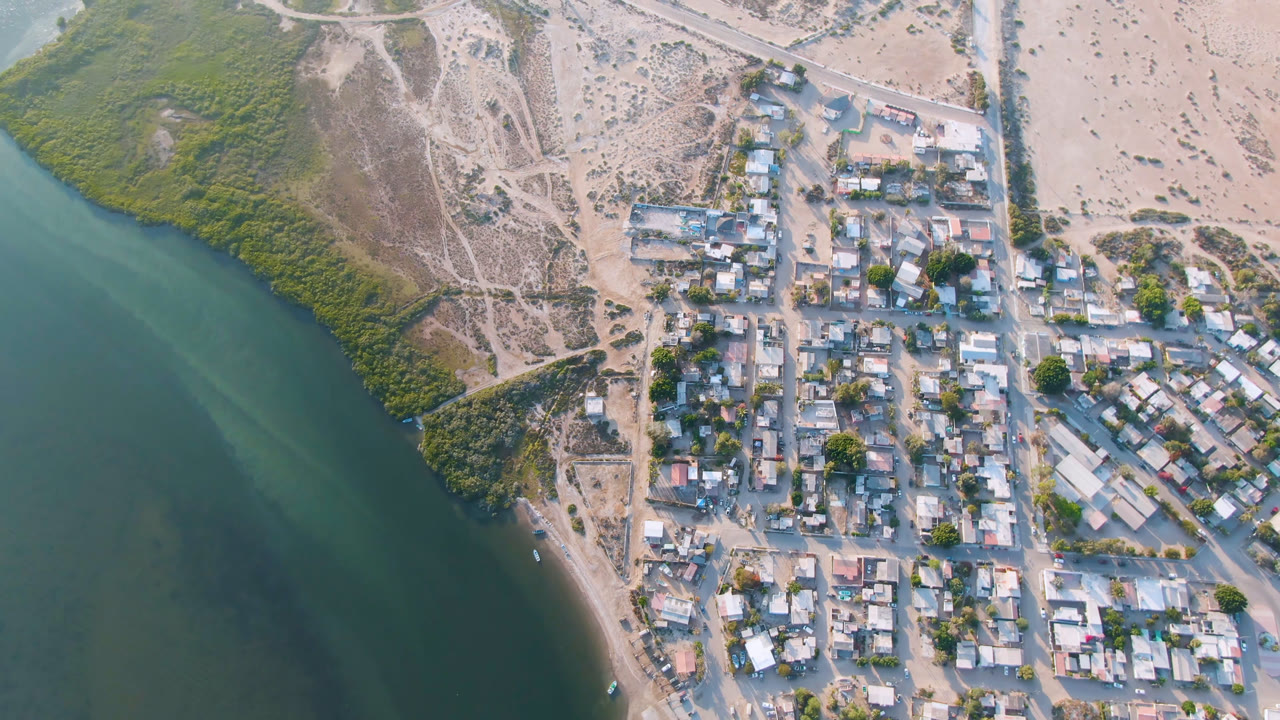 High aerial view over Aldofo Lopez Mateos, Baja California Sur, with green-blue water on the left, a grid of small buildings and roads in the center, sandy scrubland above, and no visible people.