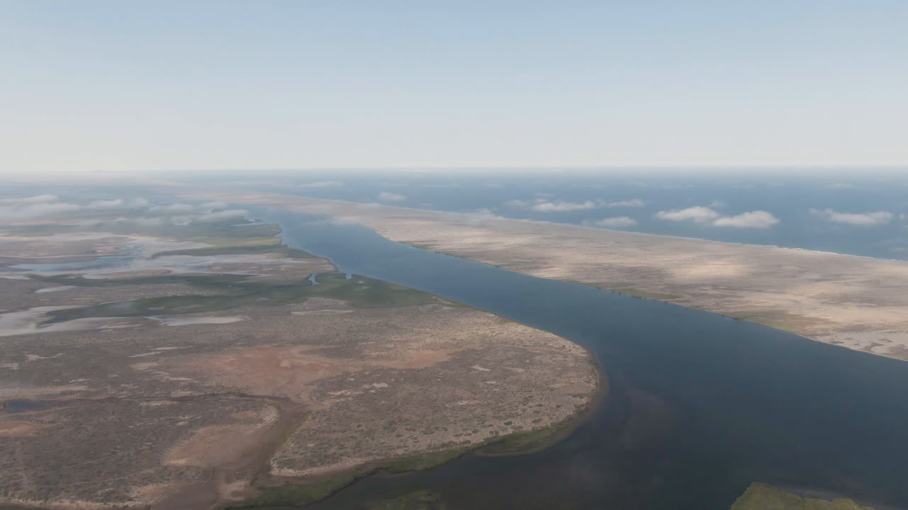 Second frame over Aldofo Lopez Mateos shows the river widening through pale sandbars, with low clouds near the horizon and no visible people.