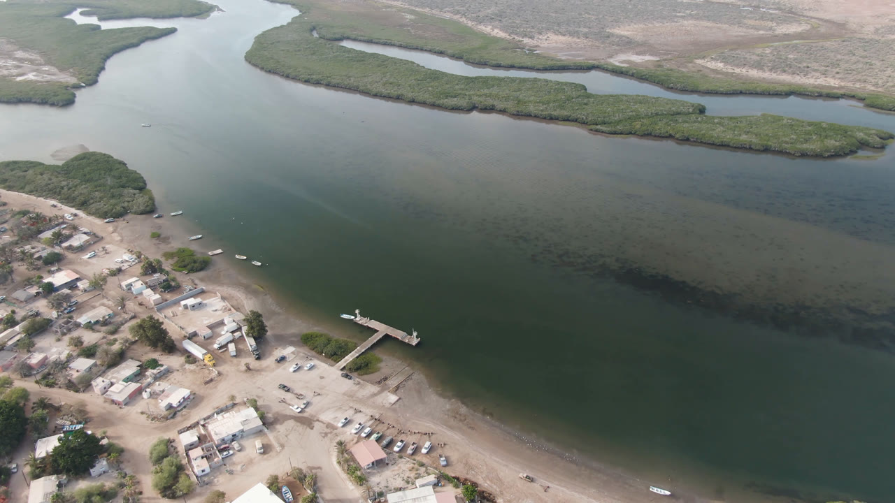 Aerial frame in Aldofo Lopez Mateos showing the dock slightly right of center, low waterfront buildings below, green water across the middle, distant channels at the top, and no visible people.