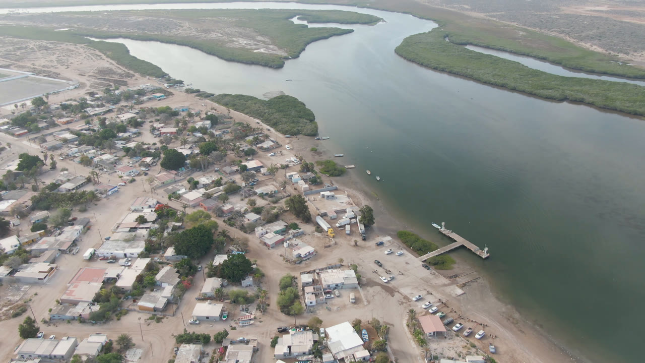 Wide aerial view over Aldofo Lopez Mateos, Baja California Sur, with low buildings, dirt roads, a river channel, green banks, a dock, and no visible people.