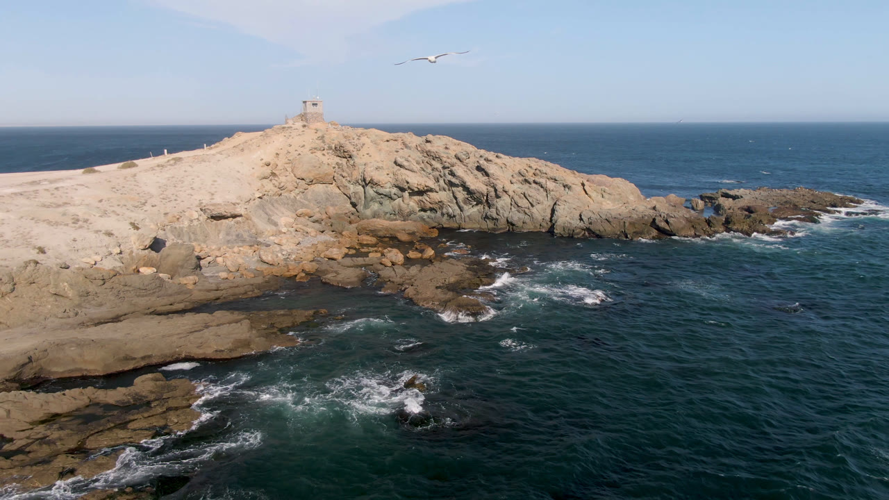 Aerial view of Bahia Ascuncion, Baja California Sur, showing a pale rocky headland, blue ocean, white surf around low rocks, a bird near the upper sky, and no visible people.