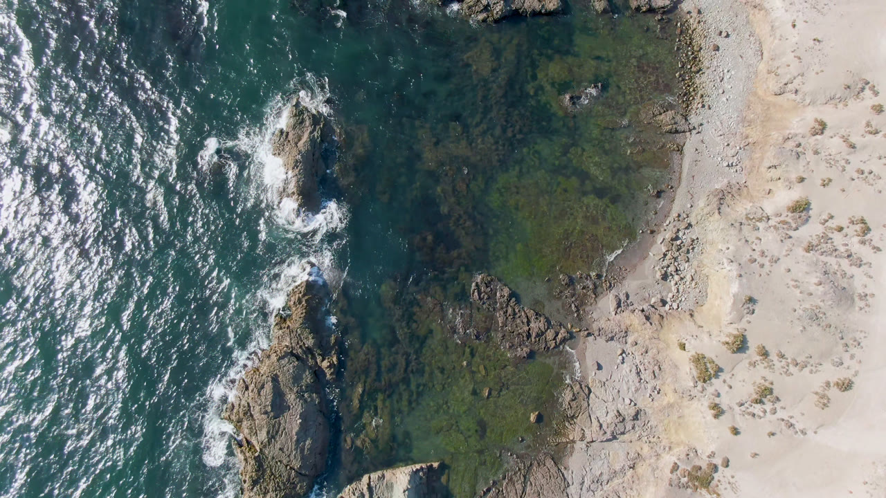 Sunlit ocean surface beside rocky shallows and beach