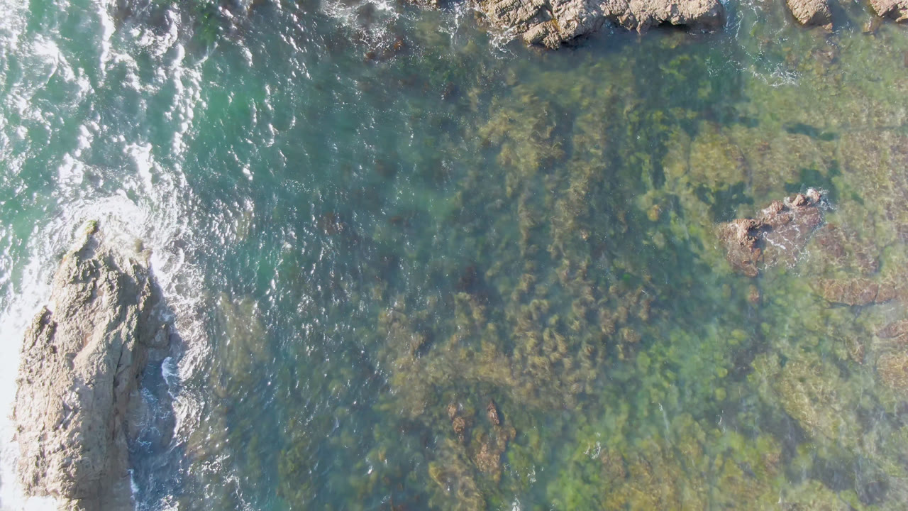 Top-down aerial frame over Bahia Ascuncion showing green-blue water, submerged reef texture, exposed rocks, and white foam with no visible people.