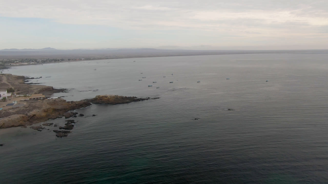 Aerial view of boats scattered across calm water near a rocky shoreline.