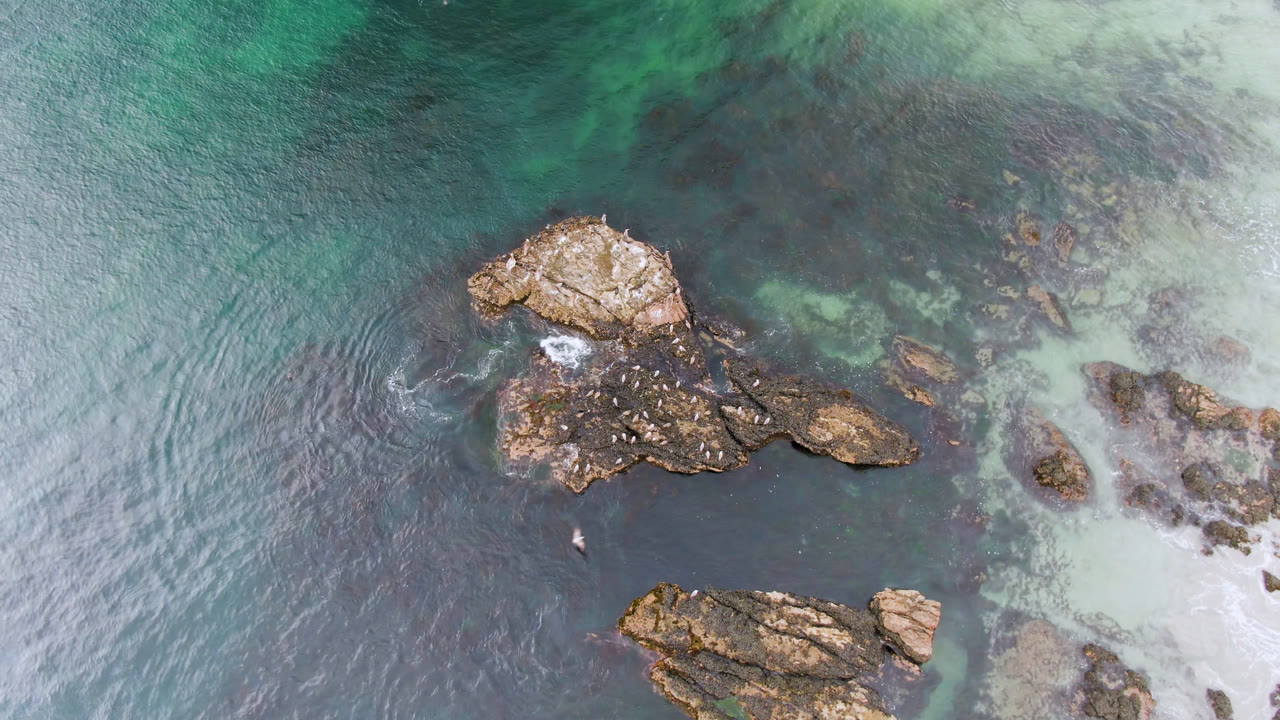 Rocky outcrops in shallow ocean water beside a pale beach edge